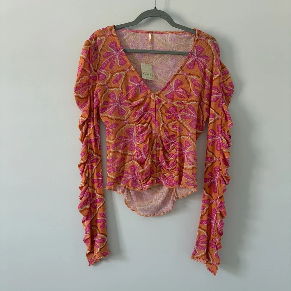Free People Through the Meadow V Neck Floral Long Sleeve Top Pink Orange M NWT